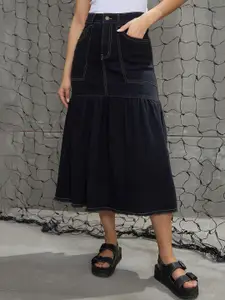 SASSAFRAS Women Denim Flared Midi Skirt