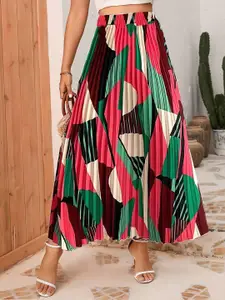 ZWERLON Women Printed Accordion Pleats Flared Maxi Skirt