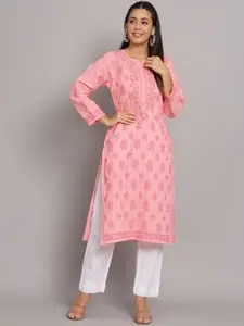 PARAMOUNT CHIKAN Floral Embroidered Notch Neck Lucknowi Chikankari Kurta