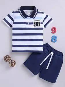 LITTLE NINJA Boys Striped Polo Collar Pure Cotton T-Shirt With Shorts