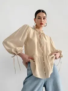 MIAKEE Women Tie-Up Neck Puff Sleeves Top