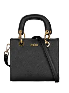 eske Women Black Solid Gold Hardware Turn Lock Adjustable Strap Leather Handheld Handbag