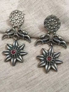 Molcha Silver-Plated Artificial Stone Studded Contemporary Shaped Oxidised Drop Earrings