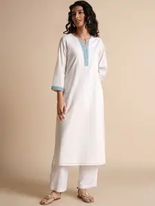 Global Desi Floral Yoke Design Notch-Neck Chikankari Cotton Straight Kurta