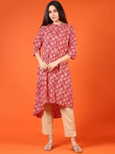 V-Mart Floral Printed Mandarin Collar Kantha Work A-Line Kurta