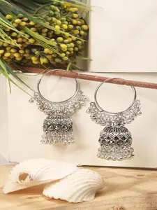 Sangria German Silver-Plated Artificial Stones Studded Dome Shaped Jhumkas