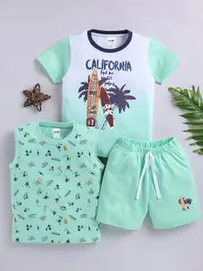 LITTLE NINJA Boys Printed Round Neck Pure Cotton T-Shirt With Shorts & T-Shirt