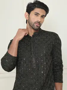 Anouk Olive Green Floral Embroidered Mandarin Collar Sequinned Straight Kurta