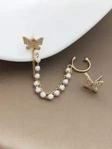 Celestique Artificial Stones Studded And Pearls Beaded Butterfly Shaped Ear Cuffs