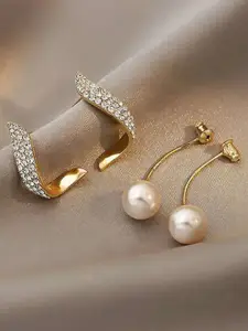 Celestique Set of 2 Korean Artificial Stone Studded & Pearl Beaded Drop Earrings
