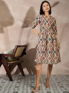 all about you Women's Geometric Printed Fit & Flare V Neck Midi Dress