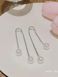 Celestique Silver-Plated Rhinestone Beaded Contemporary Shaped Drop Earrings