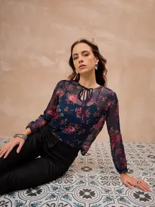 all about you Women Floral Printed Tie-Up Neck Top