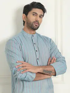 Anouk Blue Striped Woven Design Band Collar Straight Kurta