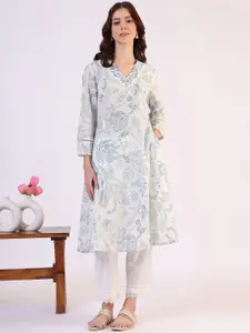 W Floral Printed Pure Cotton V-Neck A-Line Kurta
