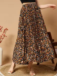 ZWERLON Women Animal Printed Accordion Pleats Flared Maxi Skirt