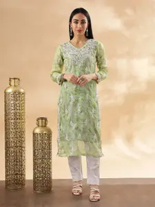 Club Loom Women Floral Embroidered V-Neck Chikankari Pure Cotton Handloom Chikankari Kurti