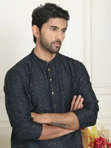 Anouk Black Floral Woven Design Mandarin Collar Jacquard Silk Straight Kurta