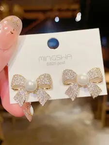 Celestique Gold-Plated Pearls Zircon Studded Contemporary Shaped Studs