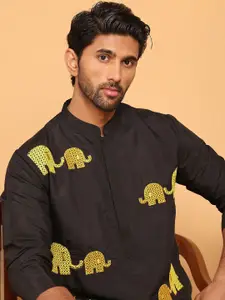 Anouk Black Animal Embroidered Thread Work Mandarin Collar Straight Kurta