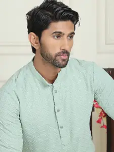 Anouk Green Geometric Embroidered Sequinned Mandarin Collar Straight Kurta