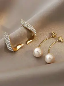 Celestique Korean 2 Piece Pearls Beaded Contemporary Shaped Drop Earrings