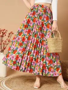 ZWERLON Floral Printed Pleated A-Line Maxi Skirt
