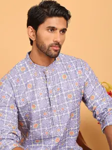 Anouk Blue Floral Embroidered Sequinned Mandarin Collar Silk Kurta