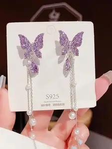 Celestique Silver-Plated Artificial Stone Studded Contemporary Korean Drop Earrings