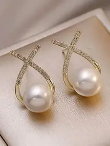 Celestique Artificial Stones Studded & Pearls Beaded Korean Cross Drop Earrings