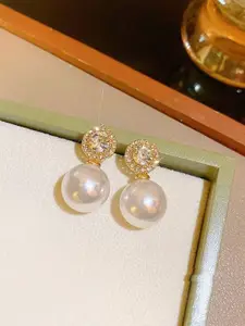 Celestique Cubic Zirconia Studded Pearl Beaded Circular Shaped Drop Earrings