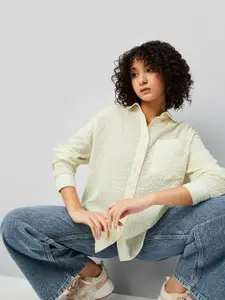 max Women Relaxed Fit Spread Collar Vertical Striped Cotton Casual Shirt