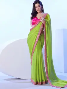 Satrani Solid Embroidered Pure Chiffon Fusion Saree