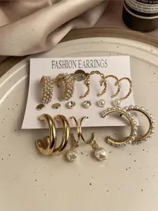 Celestique Set Of 9 Artificial Stones Studded And Beaded Contemporary Half Hoop Earrings