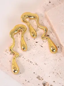 MEENAZ Stainless Steel Gold-Plated Contemporary Shaped Anti Tarnish Drop Earrings