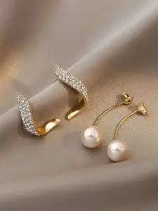 Celestique Artificial Stones Studded & Pearls Beaded Korean Contemporary Drop Earrings