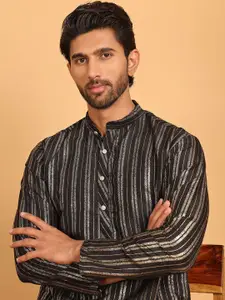 Anouk Black Striped Foil Printed Band Collar Straight Kurta