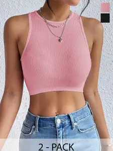 TOOCHKI Women Pack Of 2 Ribbed Round Neck Crop Fitted Tops