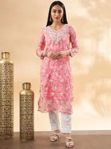 Club Loom Women Floral Embroidered Chikankari Pure Cotton Straight Kurta
