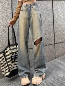 DressBerry Women Straight Fit High-Rise Slash Knee Light Fade Jeans