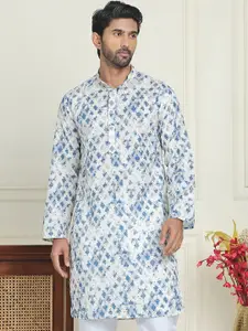 Anouk Blue Geometric Embroidered And Printed Sequinned Work Band Collar Straight Kurta
