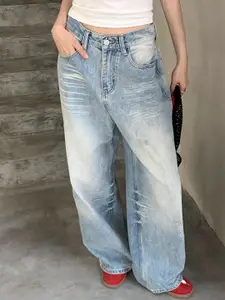 DressBerry Women Cotton Relaxed Fit High-Rise Low Distress Light Fade Jeans