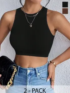 TOOCHKI Women Pack Of 2 Ribbed Ribbed Round Neck Tops