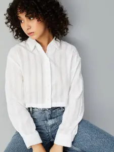 max Women Boxy Fit Spread Collar Vertical Striped Cotton Casual Shirt