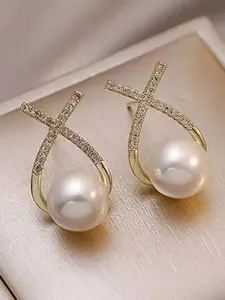 Celestique Pearls Studded Contemporary Shaped Korean Drop Earrings
