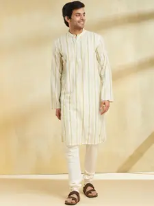 Fabindia Striped Band Collar Straight Cotton Kurta