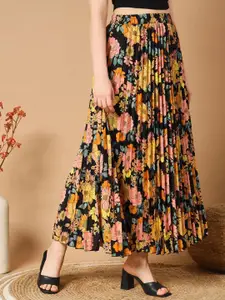 ZWERLON Women Floral Printed Pleated A-Line Maxi Skirt