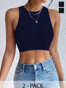 TOOCHKI Women Pack Of 2 Ribbed Round Neck Fitted Tops