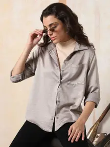 High Star Women Boxy Opaque Textured Satin Casual Shirt