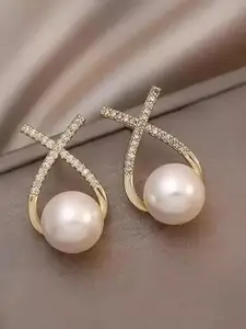 Celestique Artificial Stones Studded & Pearls Beaded Contemporary Shaped Korean Studs